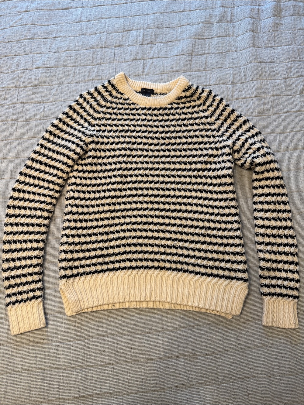Theory Black and Cream Striped Crew Neck Sweater